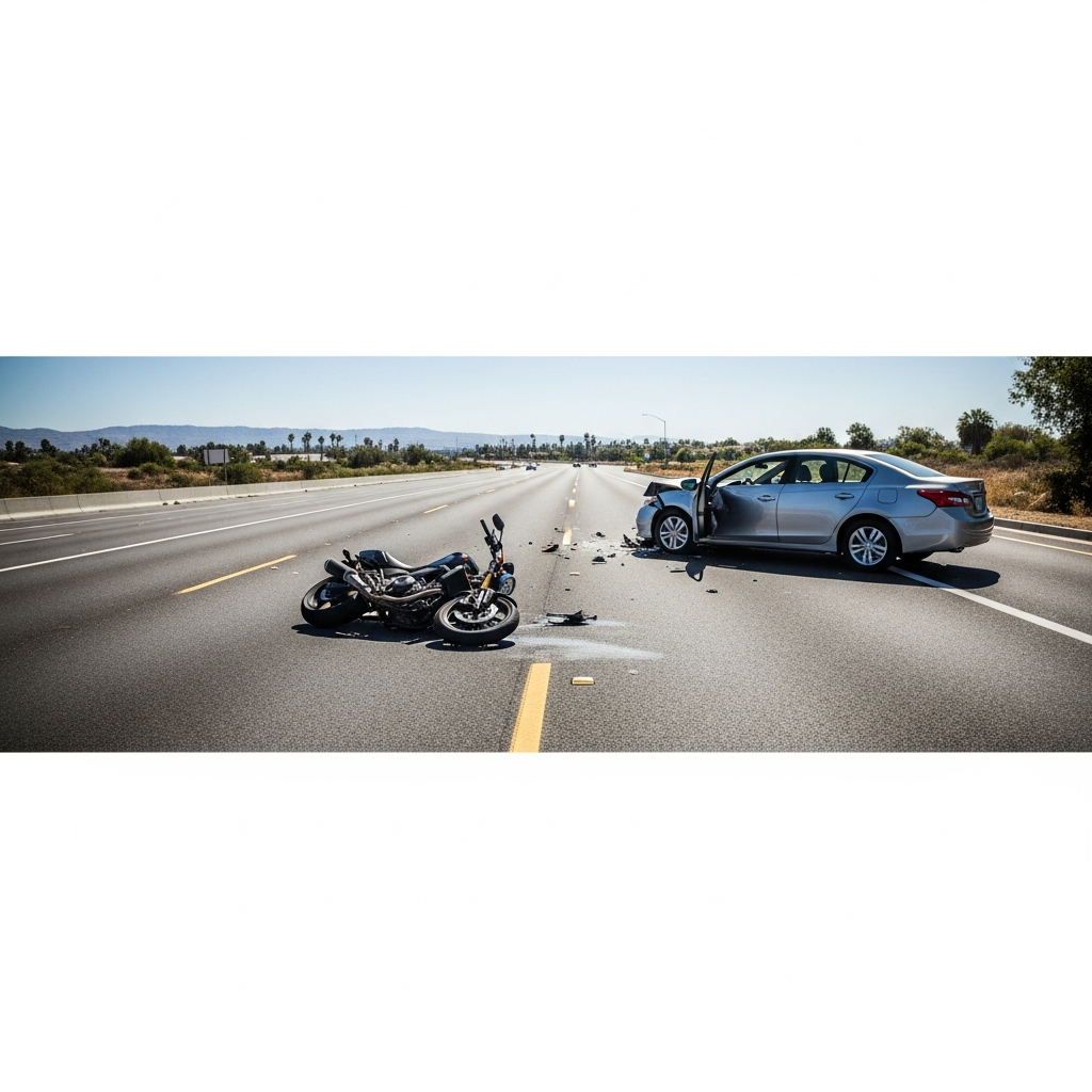 A motorcycle lying on its side on a multi-lane asphalt road in California during the day, near a passenger sedan with visible side-impact damage.