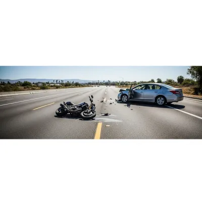 A motorcycle lying on its side on a multi-lane asphalt road in California during the day, near a passenger sedan with visible side-impact damage.