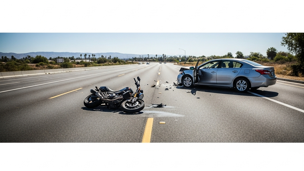 A motorcycle lying on its side on a multi-lane asphalt road in California during the day, near a passenger sedan with visible side-impact damage.