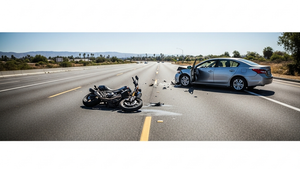 A motorcycle lying on its side on a multi-lane asphalt road in California during the day, near a passenger sedan with visible side-impact damage.