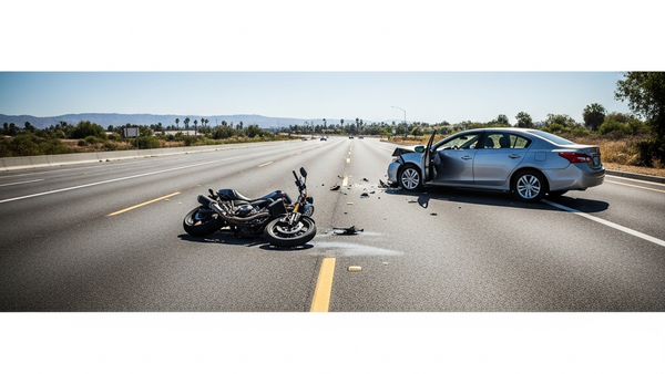 A motorcycle lying on its side on a multi-lane asphalt road in California during the day, near a passenger sedan with visible side-impact damage.