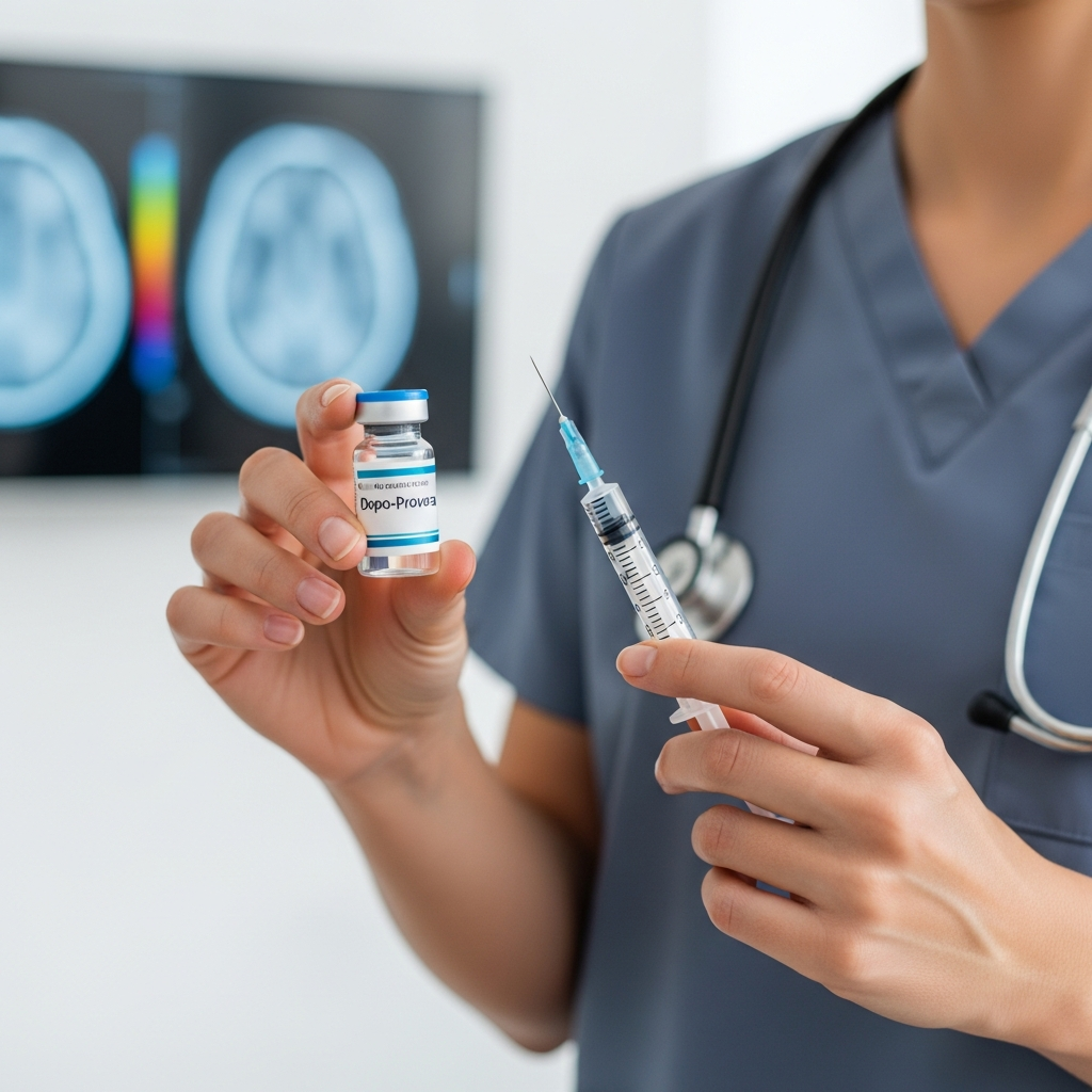 A medical professional in a clinical setting holding a Depo-Provera vial and syringe with a blurry image of a brain scan in the background.