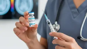 A medical professional in a clinical setting holding a Depo-Provera vial and syringe with a blurry image of a brain scan in the background.