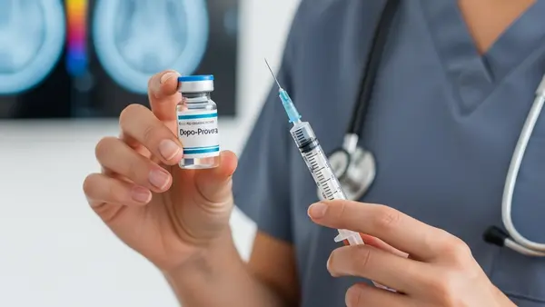 A medical professional in a clinical setting holding a Depo-Provera vial and syringe with a blurry image of a brain scan in the background.