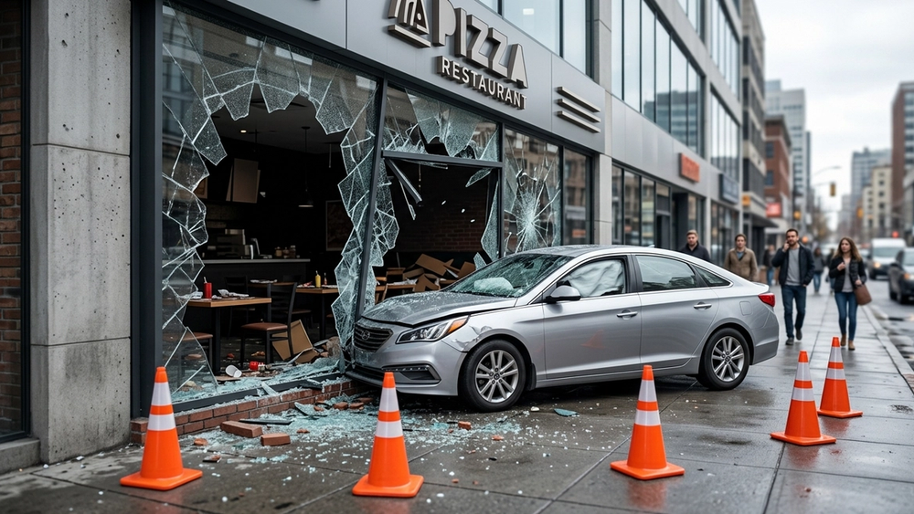 A silver sedan crashed into the glass storefront of a pizza restaurant with shattered windows and orange traffic cones nearby.