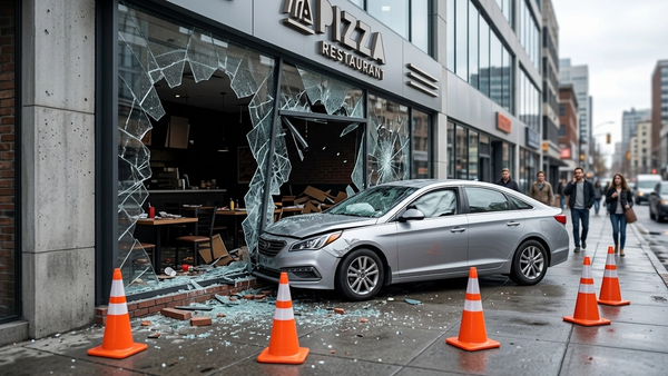 A silver sedan crashed into the glass storefront of a pizza restaurant with shattered windows and orange traffic cones nearby.