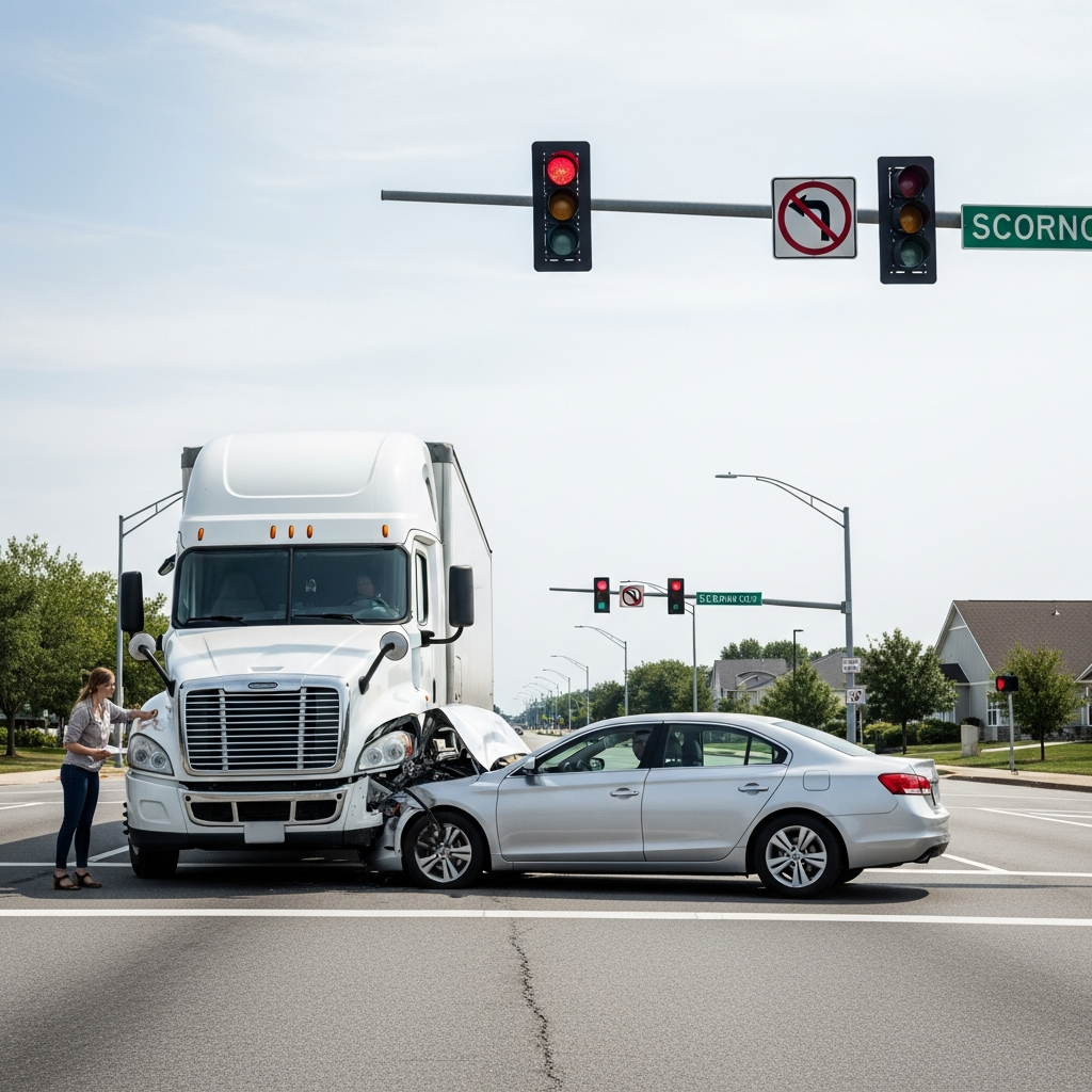 A white semi-truck and a silver sedan are positioned in the middle of a large intersection after a collision with a traffic light overhead