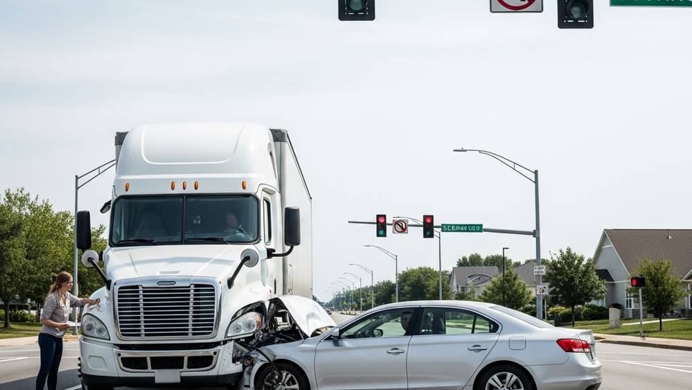 A white semi-truck and a silver sedan are positioned in the middle of a large intersection after a collision with a traffic light overhead