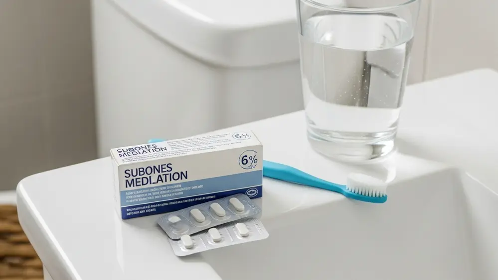 A box of prescription sublingual medication film strips sitting on a bathroom counter next to a toothbrush and glass of water.