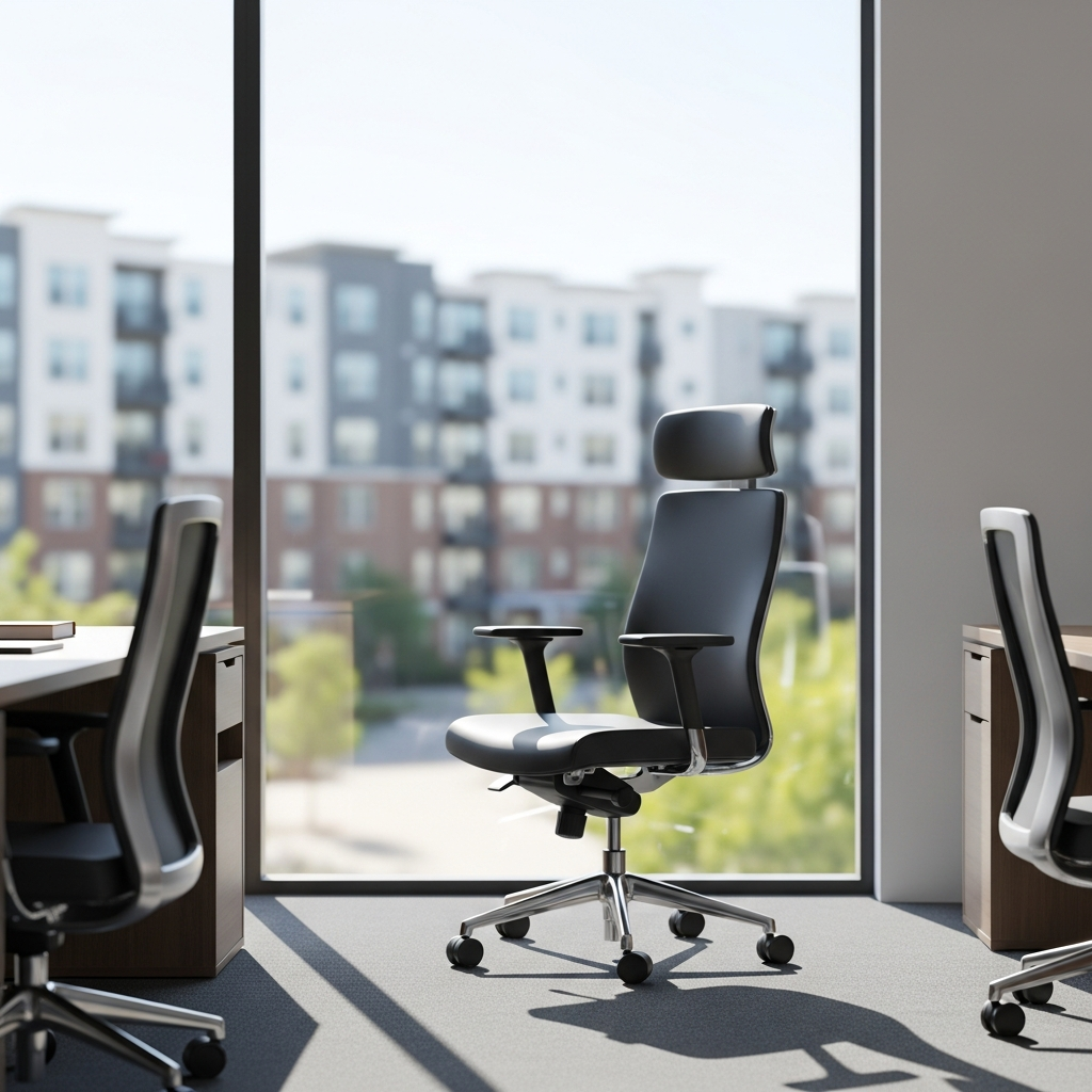 An empty office chair in a professional management office with a blurred view of a residential apartment complex through the window