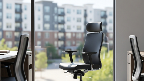 An empty office chair in a professional management office with a blurred view of a residential apartment complex through the window