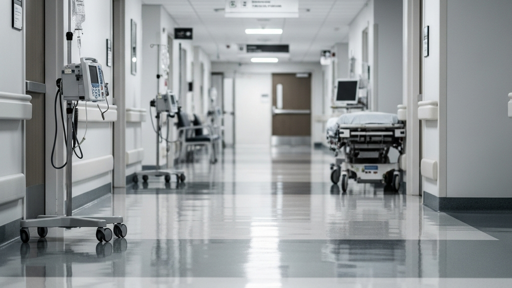 A clean, empty hospital corridor with clinical equipment and bright lights reflecting on the polished floor.