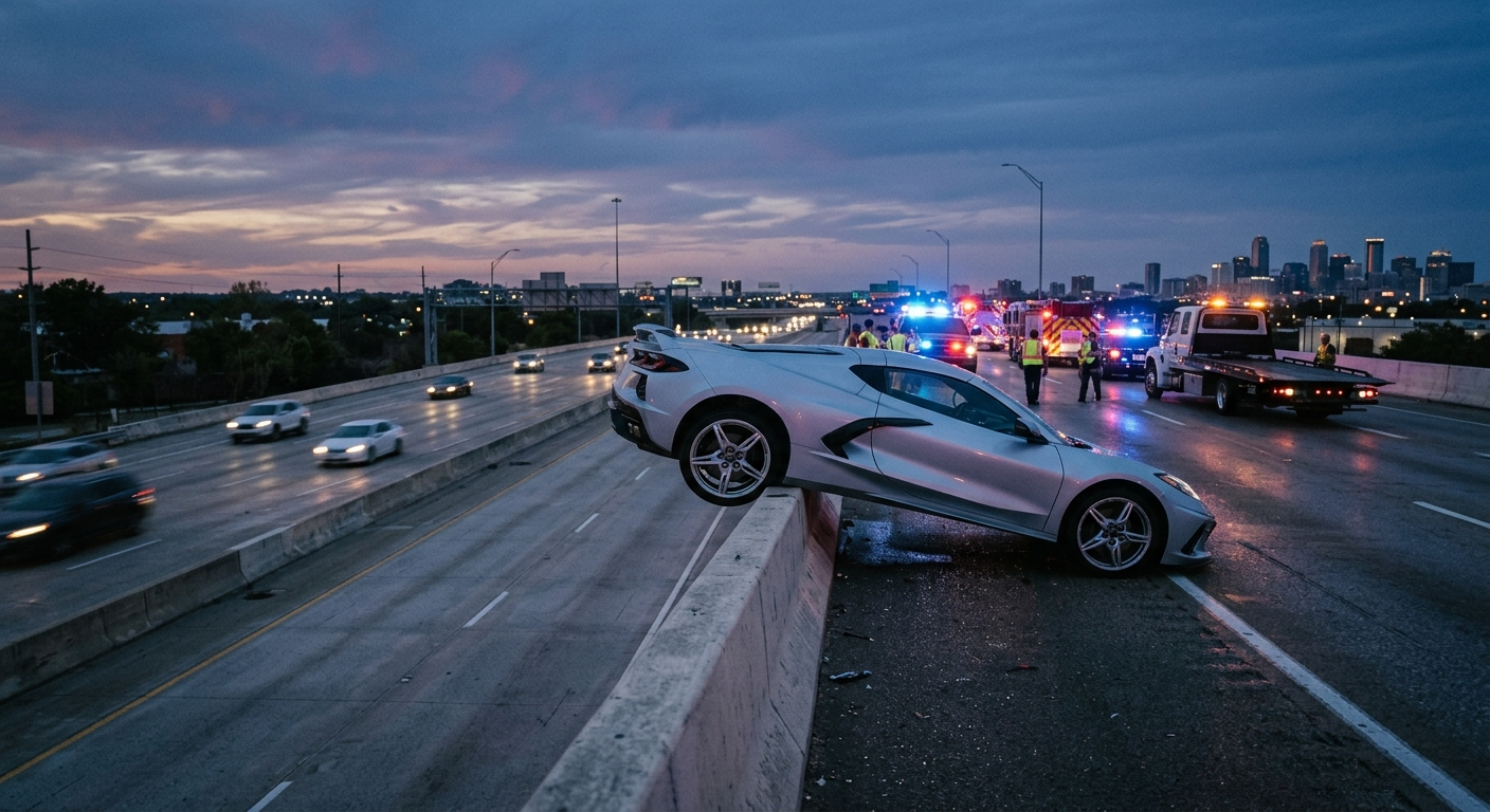 A silver Chevrolet Corvette sports car balanced precariously on the edge of a concrete freeway overpass with emergency vehicles and flashing lights in the background.
