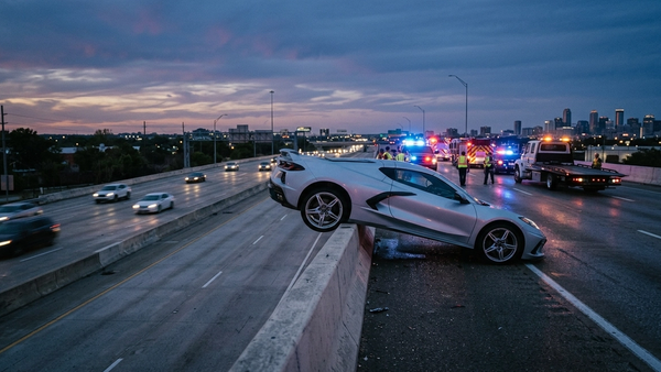 A silver Chevrolet Corvette sports car balanced precariously on the edge of a concrete freeway overpass with emergency vehicles and flashing lights in the background.