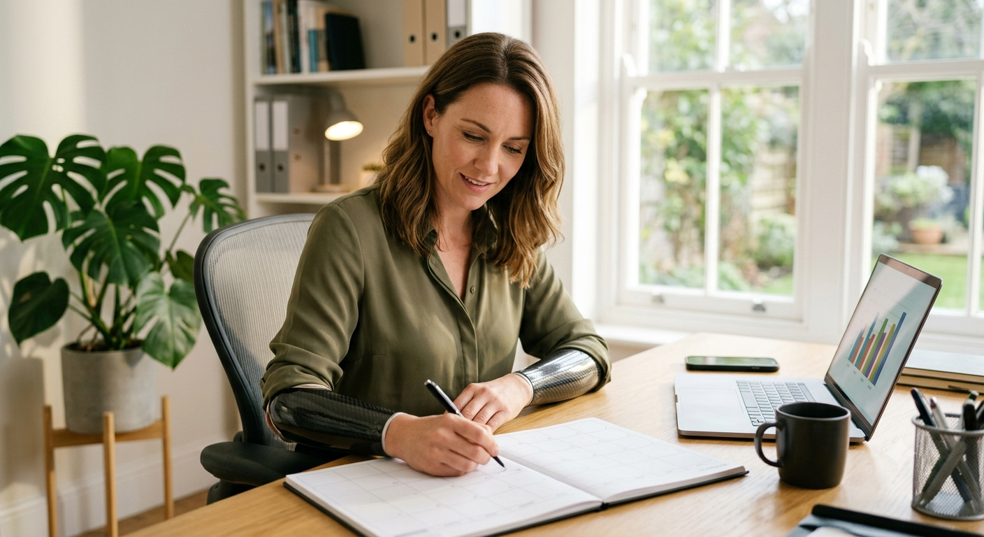 A photorealistic image of a professional woman with a modern prosthetic forearm working at a bright, sunlit desk in a creative home office. She is smiling while using a pen to mark an open grid-style planner, symbolizing the tracking of a trial work period, representing career transition and balanced progress.