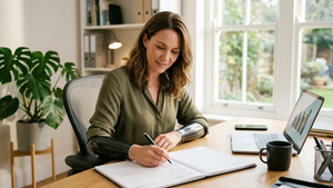 A photorealistic image of a professional woman with a modern prosthetic forearm working at a bright, sunlit desk in a creative home office. She is smiling while using a pen to mark an open grid-style planner, symbolizing the tracking of a trial work period, representing career transition and balanced progress.