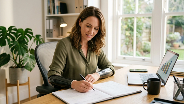 A photorealistic image of a professional woman with a modern prosthetic forearm working at a bright, sunlit desk in a creative home office. She is smiling while using a pen to mark an open grid-style planner, symbolizing the tracking of a trial work period, representing career transition and balanced progress.