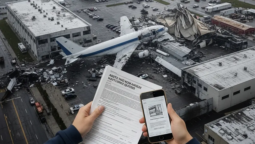 A somber aerial view of a crash site involving a cargo plane and damaged industrial buildings.