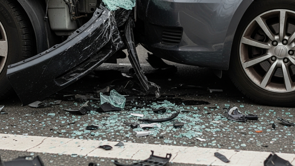 A close-up view of two cars that have collided at an intersection, showing crumpled metal and debris on the asphalt without any visible text or people.