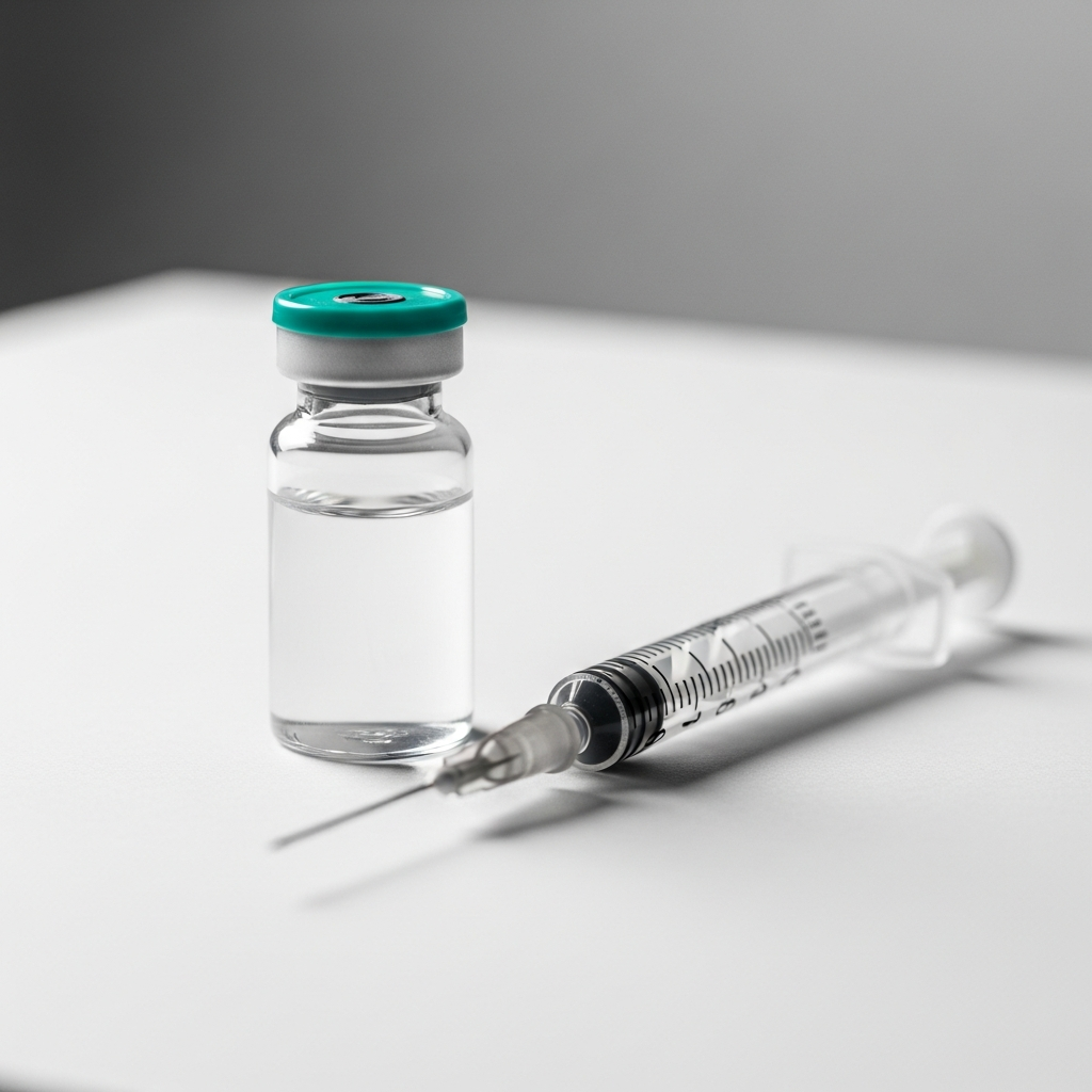 A small glass medical vial with a teal cap sits on a white sterile surface next to a precision syringe, suggesting a GLP-1 injectable medication setup.