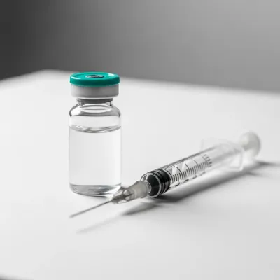 A small glass medical vial with a teal cap sits on a white sterile surface next to a precision syringe, suggesting a GLP-1 injectable medication setup.