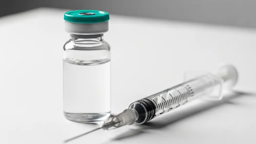 A small glass medical vial with a teal cap sits on a white sterile surface next to a precision syringe, suggesting a GLP-1 injectable medication setup.