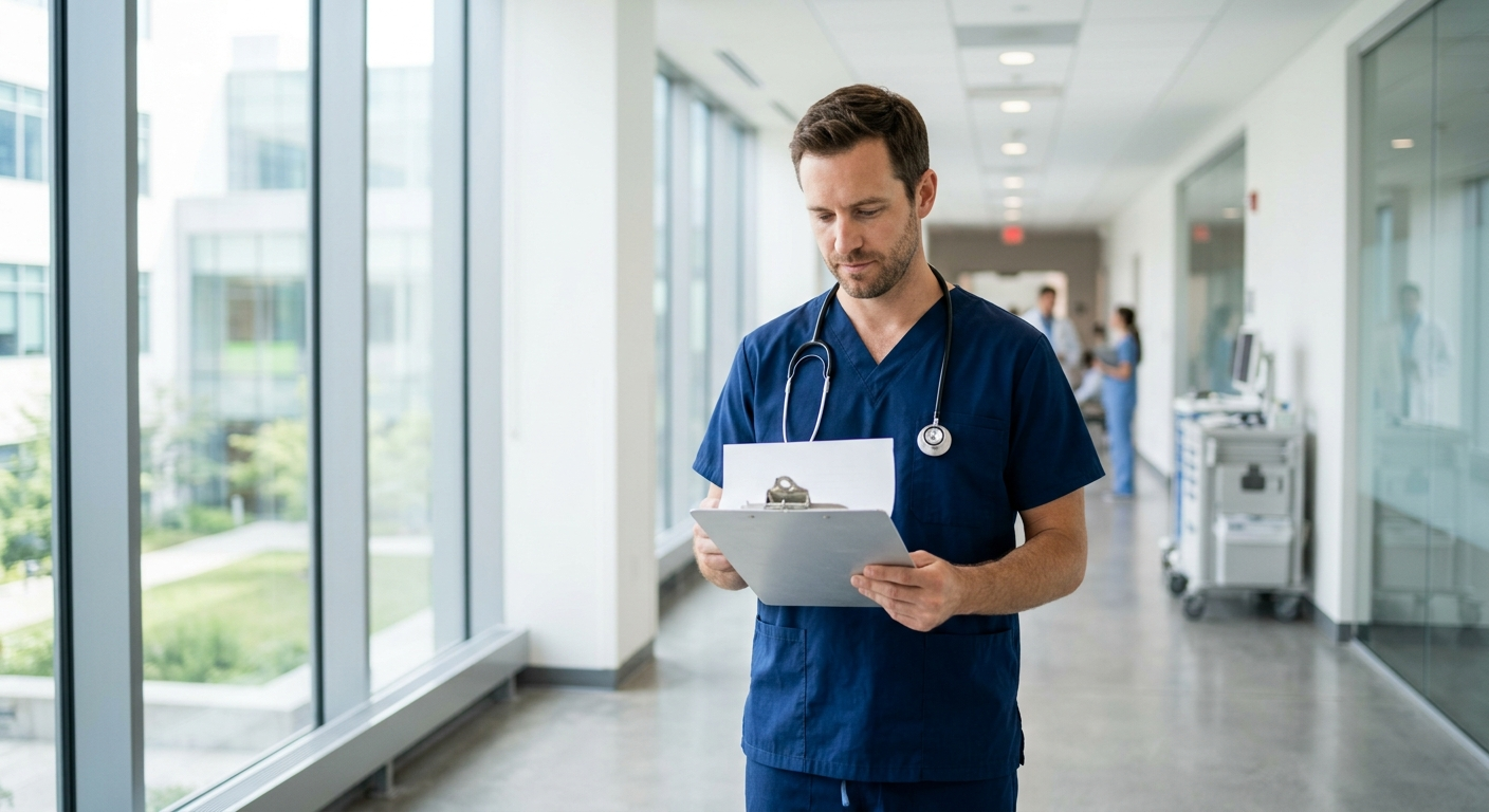 A doctor in white scrubs standing in a bright hospital hallway, looking thoughtfully at a medical clipboard without any visible text or branding.