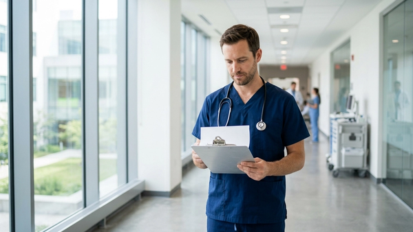 A doctor in white scrubs standing in a bright hospital hallway, looking thoughtfully at a medical clipboard without any visible text or branding.