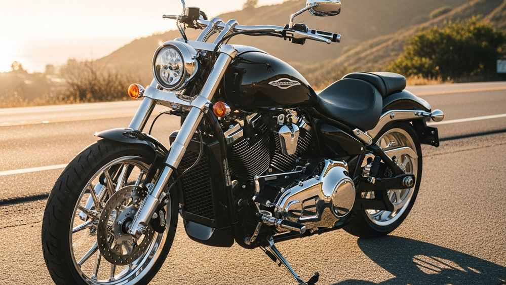 A high-performance cruiser motorcycle resting on its kickstand on a paved California roadside, featuring chrome details and a black finish at sunset.