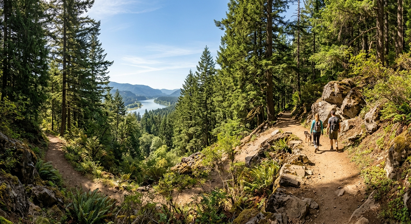 A wide view of a sunlit Oregon hiking trail winding through tall evergreen trees and rocky outcroppings, with a calm river visible in the distance.