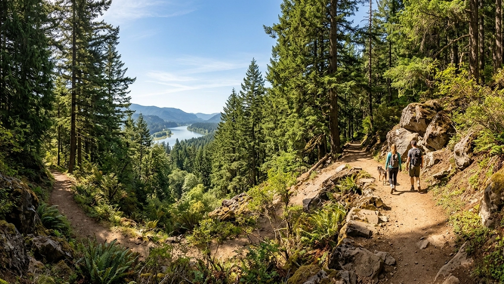 A wide view of a sunlit Oregon hiking trail winding through tall evergreen trees and rocky outcroppings, with a calm river visible in the distance.