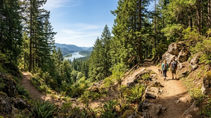 A wide view of a sunlit Oregon hiking trail winding through tall evergreen trees and rocky outcroppings, with a calm river visible in the distance.