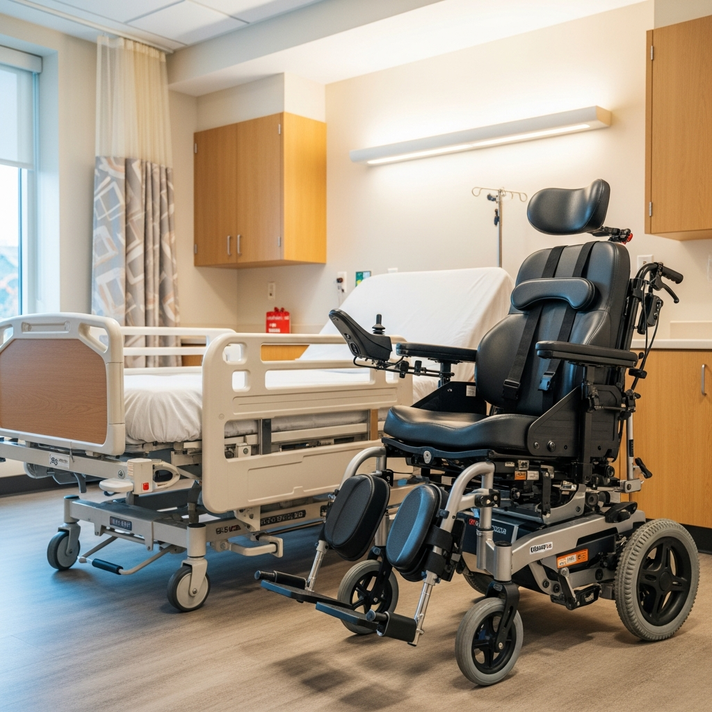 A modern nursing home interior featuring a specialized medical wheelchair and an empty patient bed with side rails in a brightly lit room.