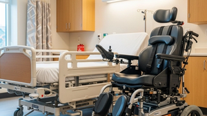 A modern nursing home interior featuring a specialized medical wheelchair and an empty patient bed with side rails in a brightly lit room.