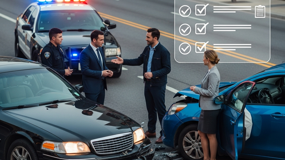 Image depicting a car accident scene with police car, damaged vehicles, and people discussing, with a checklist overlay for settlements.
