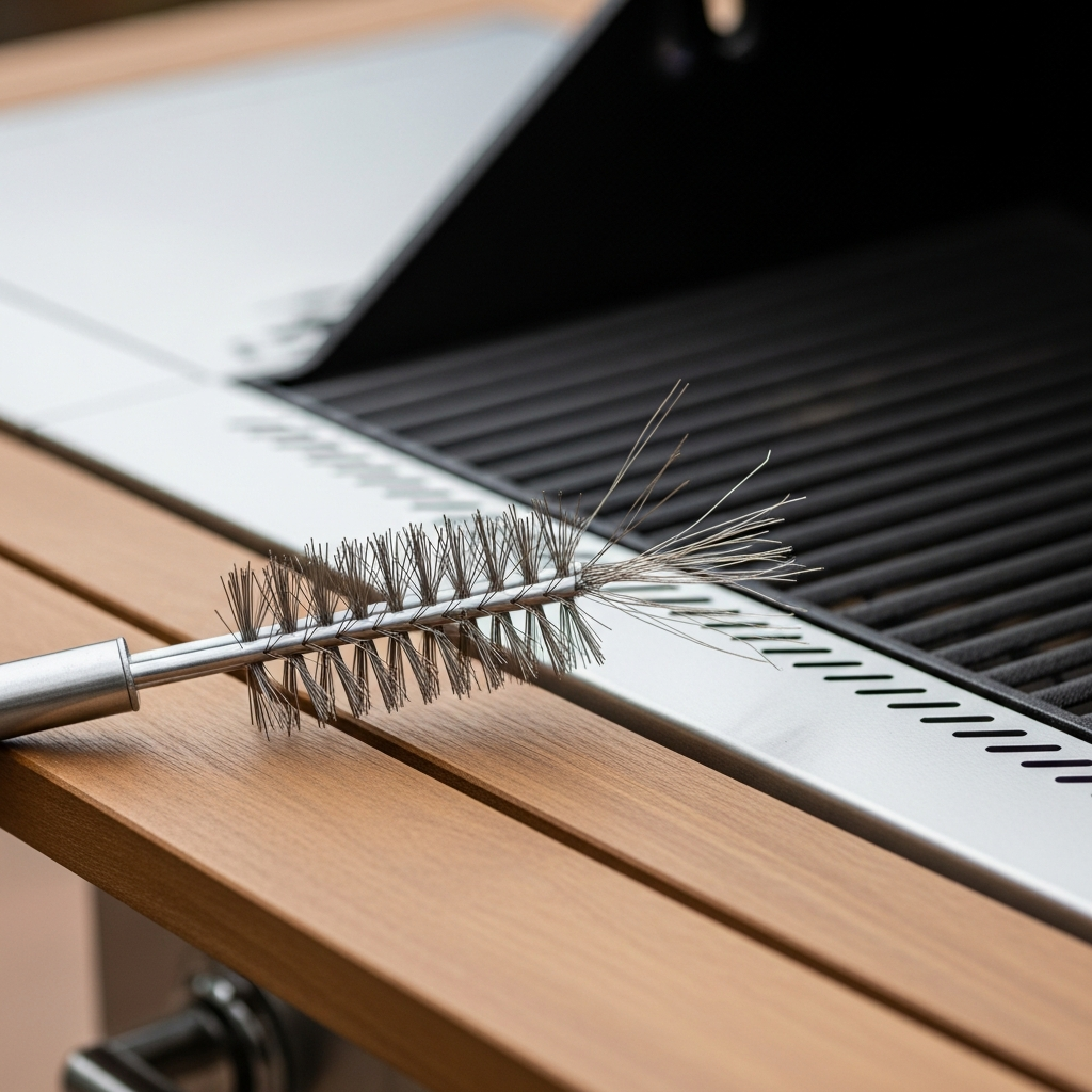 A metal wire grill brush with several loose bristles sitting on a wooden outdoor table next to a stainless steel barbecue grill.