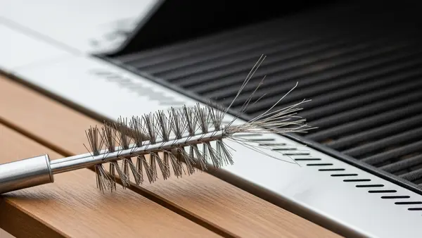 A metal wire grill brush with several loose bristles sitting on a wooden outdoor table next to a stainless steel barbecue grill.