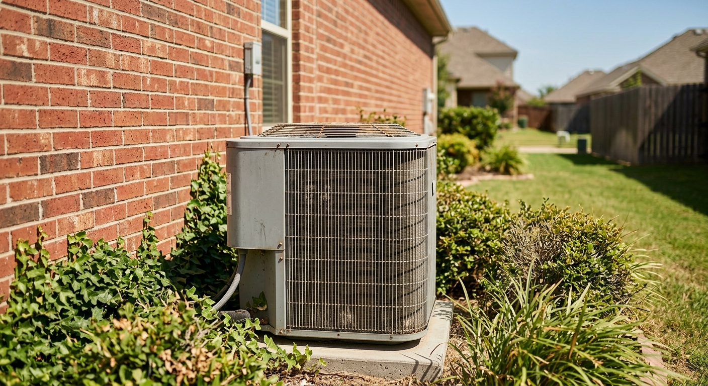 A weathered outdoor air conditioning unit next to a brick house wall in a suburban Texas yard