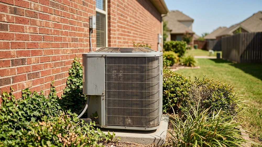 A weathered outdoor air conditioning unit next to a brick house wall in a suburban Texas yard