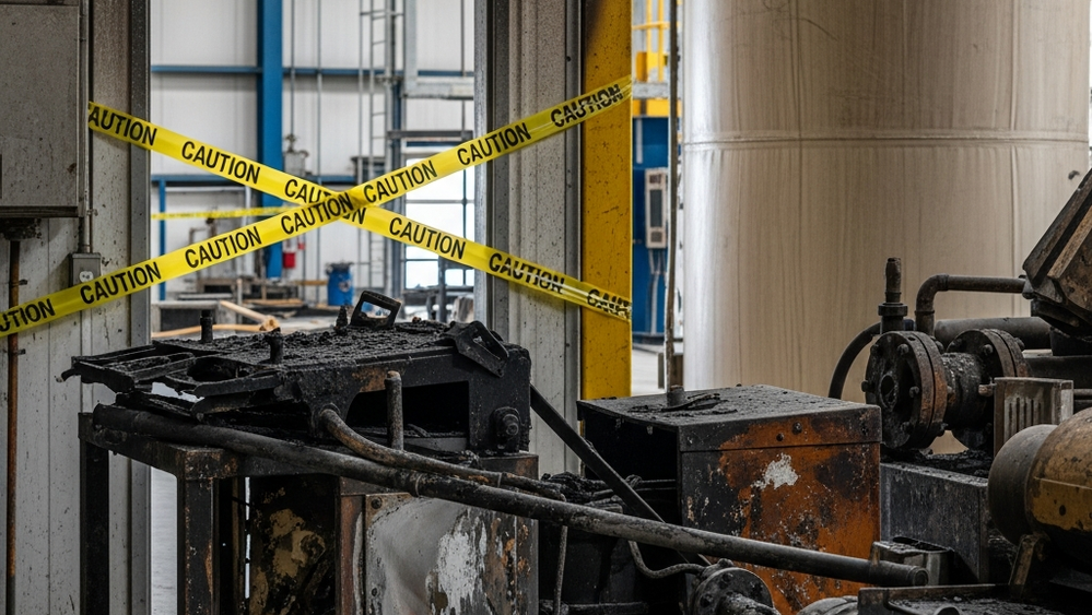 An industrial facility interior with yellow caution tape across a doorway, charred equipment, and a large fiber chemical drum in the background.