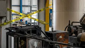 An industrial facility interior with yellow caution tape across a doorway, charred equipment, and a large fiber chemical drum in the background.
