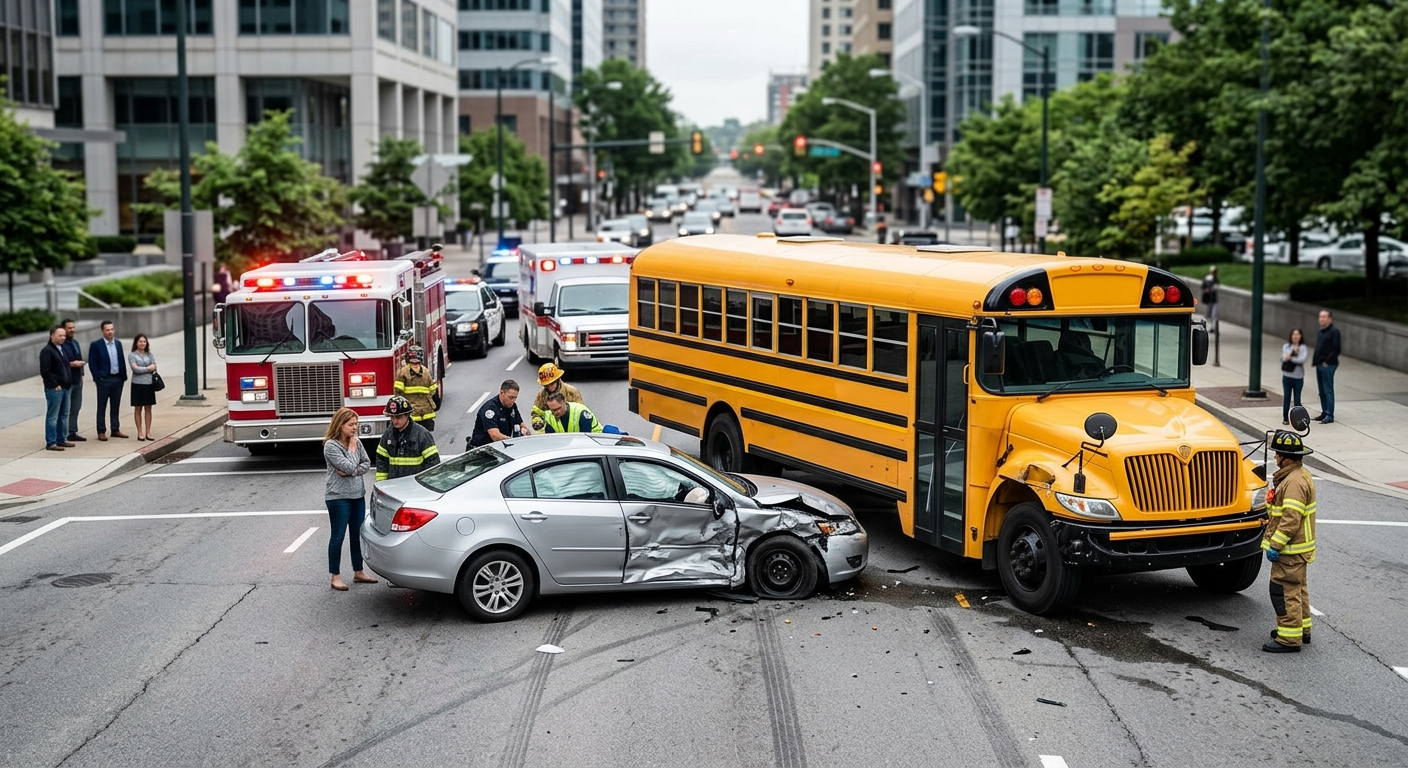 A yellow school bus and a heavily damaged silver sedan at a city intersection with emergency vehicle lights visible.