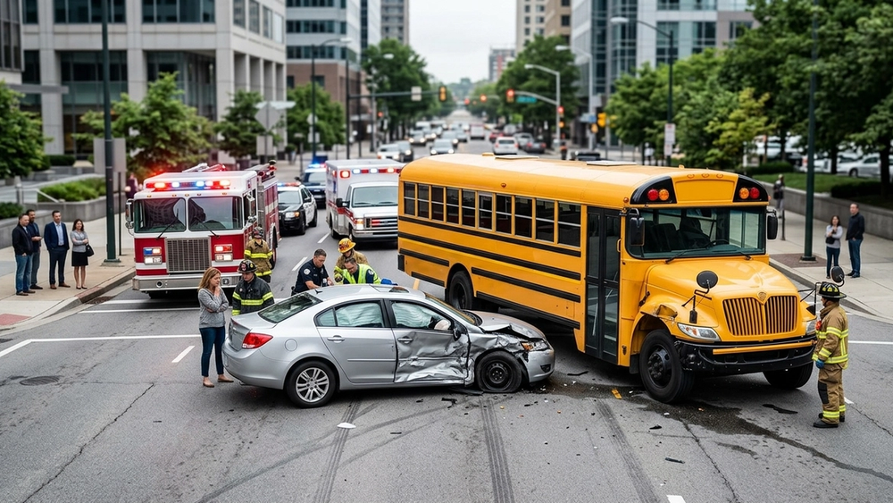 A yellow school bus and a heavily damaged silver sedan at a city intersection with emergency vehicle lights visible.