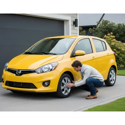 A shiny yellow compact car parked in a driveway next to a residential garage, with a person inspecting the front wheel and suspension.