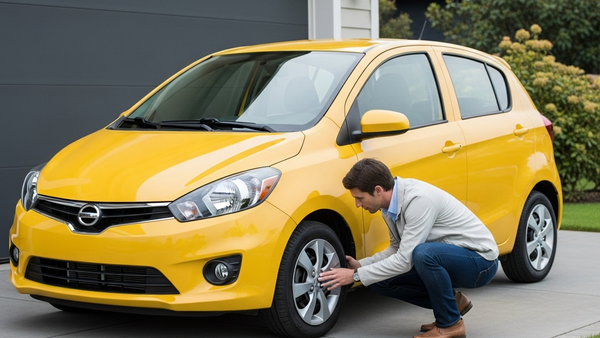 A shiny yellow compact car parked in a driveway next to a residential garage, with a person inspecting the front wheel and suspension.