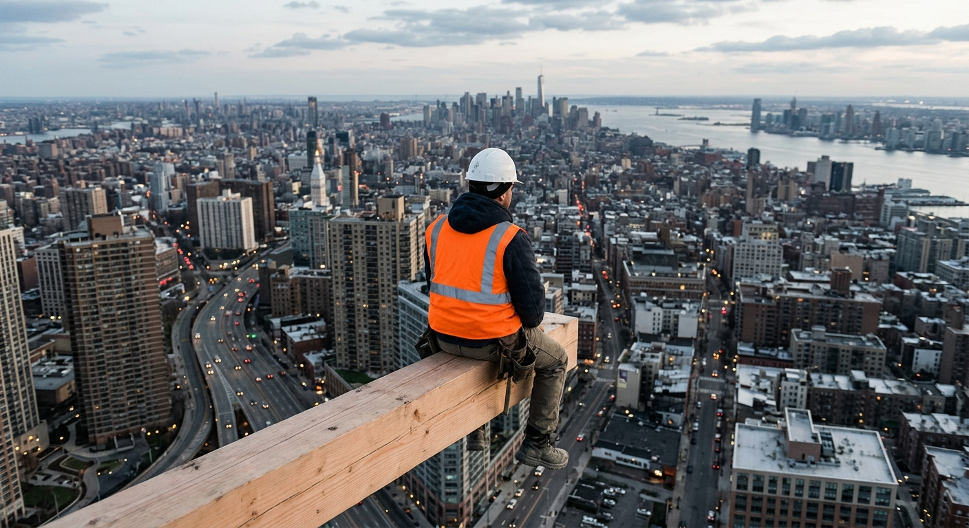 An overhead view of a construction worker sitting on a wooden beam, wearing a bright orange safety vest and a white hard hat, overlooking a sprawling city skyline with no text or signs visible.