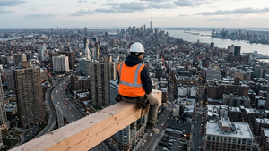 An overhead view of a construction worker sitting on a wooden beam, wearing a bright orange safety vest and a white hard hat, overlooking a sprawling city skyline with no text or signs visible.