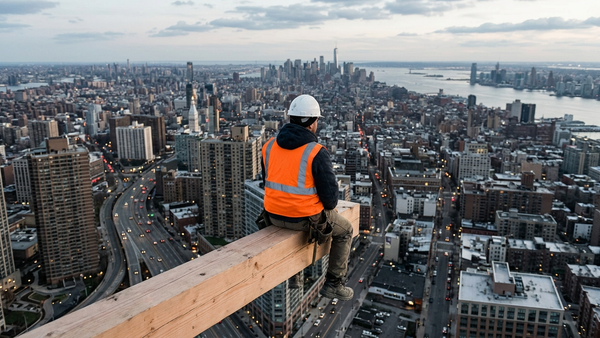 An overhead view of a construction worker sitting on a wooden beam, wearing a bright orange safety vest and a white hard hat, overlooking a sprawling city skyline with no text or signs visible.