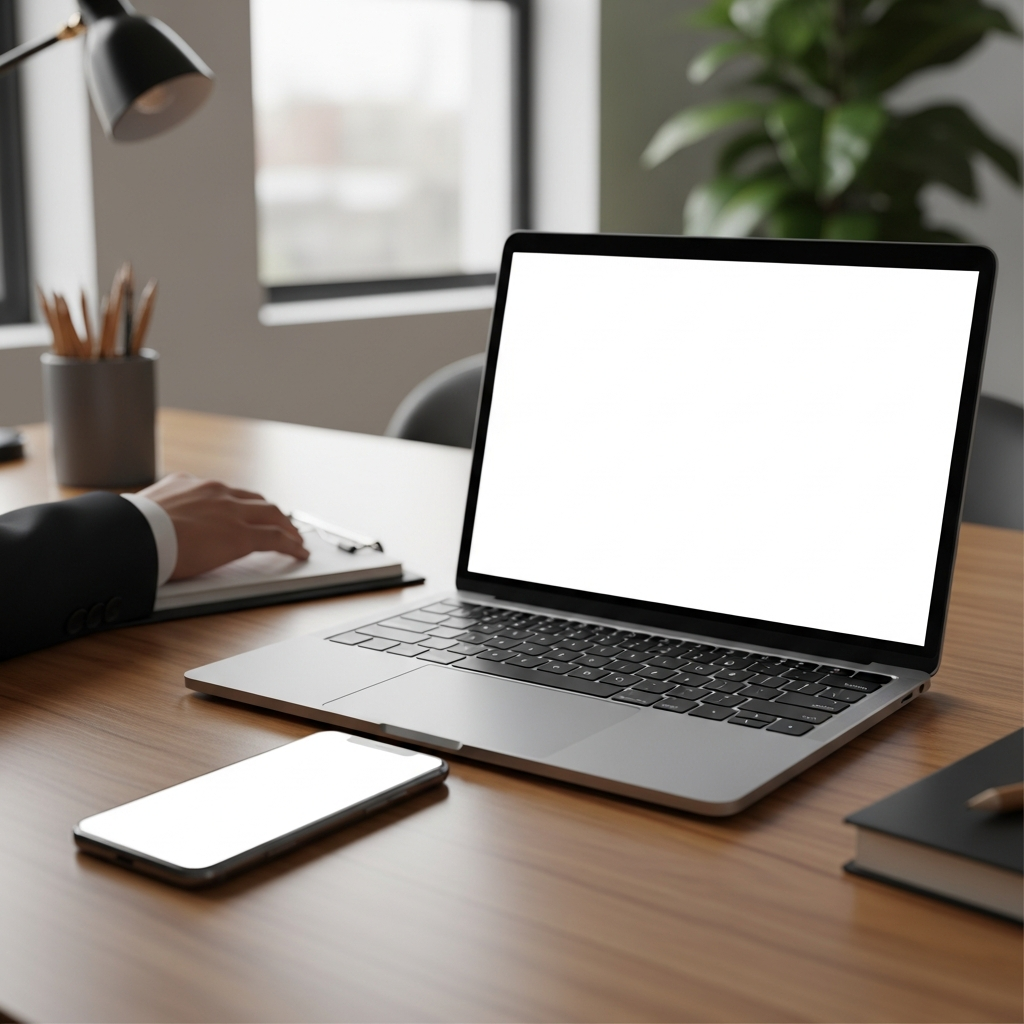 A modern smartphone and a laptop sitting on a clean wooden desk in a bright office space, representing corporate technology.