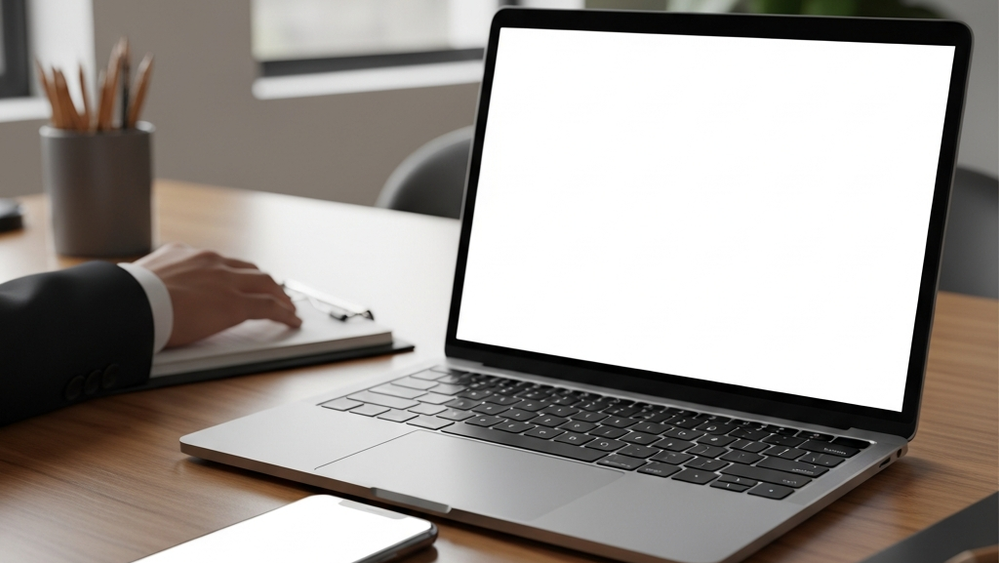 A modern smartphone and a laptop sitting on a clean wooden desk in a bright office space, representing corporate technology.